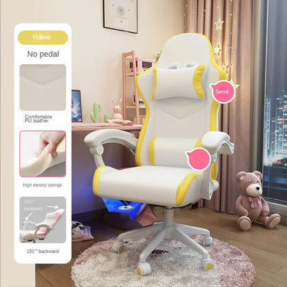 Blue rotatable reclining gaming chair for a girls bedroom with a five-star nylon base and fixed handrails.