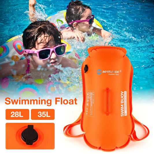 Double airbag swimming buoy backpack in fluorescent orange, showcasing its dual airbags and waterproof storage compartment.