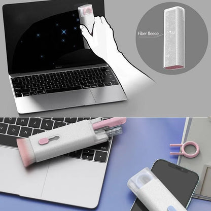 White electronics cleaning kit with a cleaning pen, spray bottle, brush, and keycap puller on a table