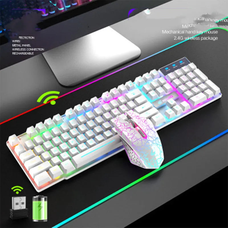 T3 wireless keyboard and mouse set with backlight on a desk, showing black chassis with orange lighting.