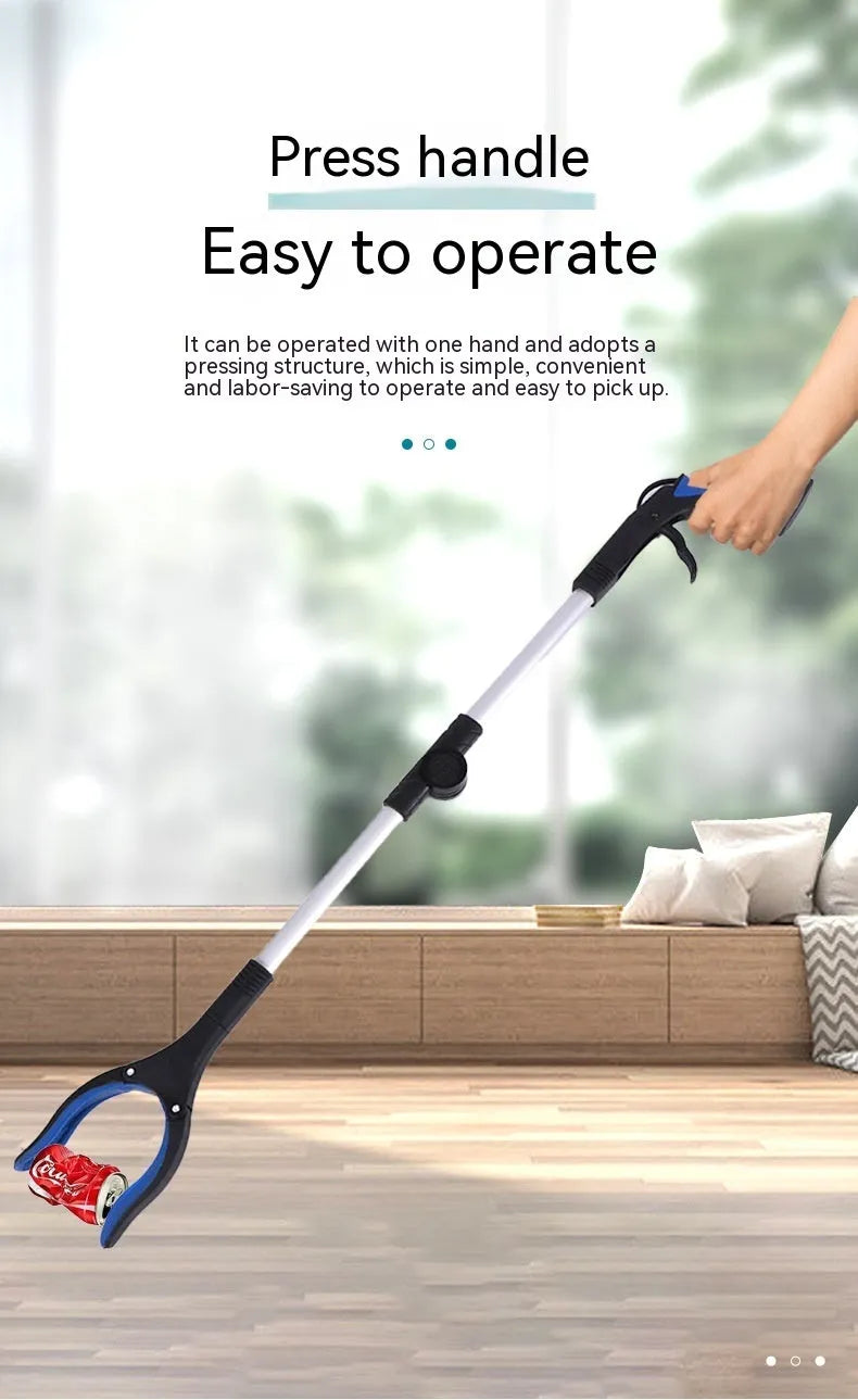 Foldable aluminium garbage clamp with a blue handle, shown extended and with a magnet sucker on the head.