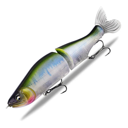 A 185mm hard plastic fishing swim bait in a natural green colour with detailed scales and 3D eyes.