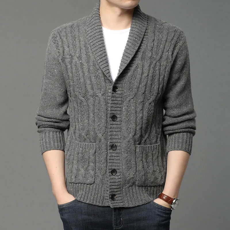 Men's thickened jacquard knitted cardigan, warm autumn winter outerwear for youth in multiple sizes and neutral colours