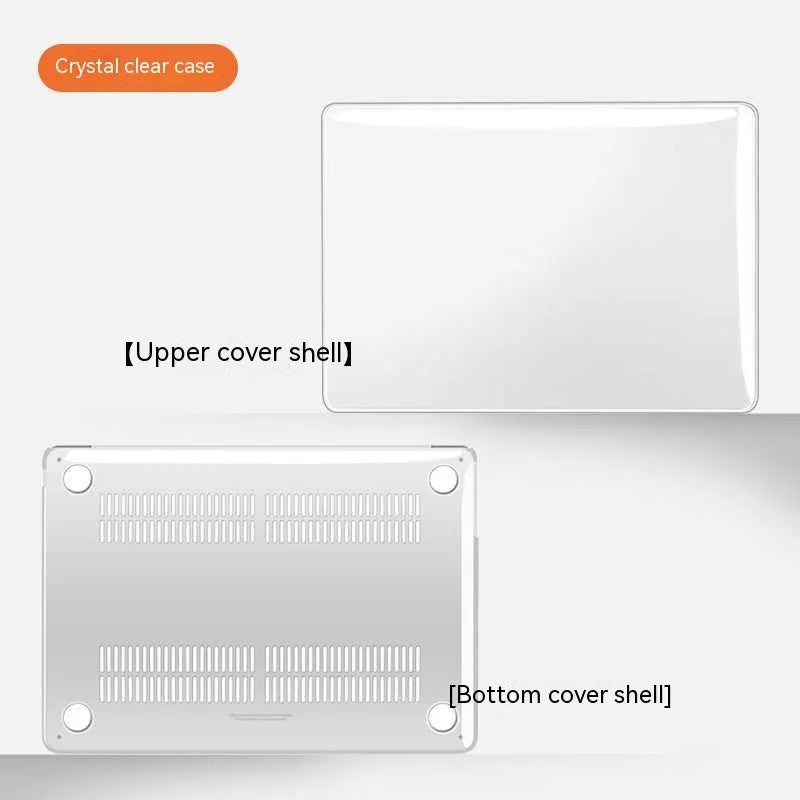 MacBook protective case in crystal transparent and frosted black finishes on a laptop.