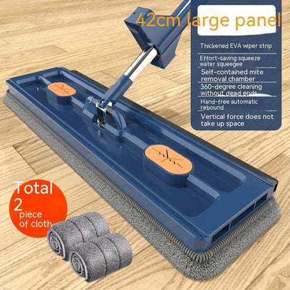 A premium 360° rotating flat mop with a stainless steel handle, suitable for cleaning various flooring types in homes.
