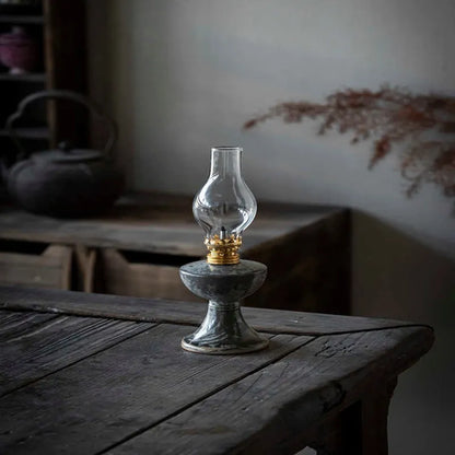 Black handmade ceramic kerosene lamp night light with retro split design, 23.8cm tall and 7.8cm wide