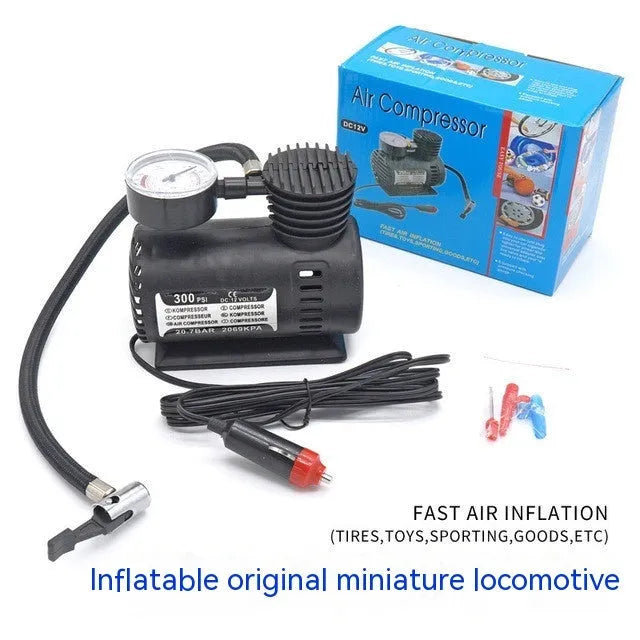 Black 12V mini car tyre air pump measuring 13.5x12x7cm with factory direct specifications