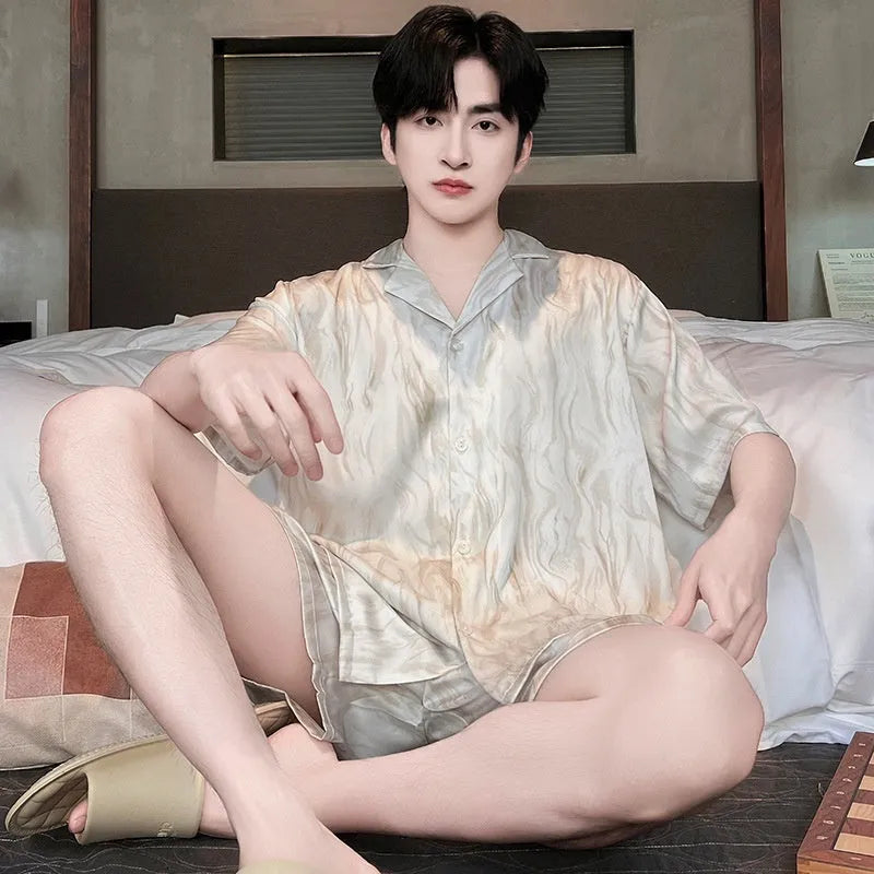 Men's lightweight ice silk pyjama set with cardigan top and short pants in satin jacquard pattern