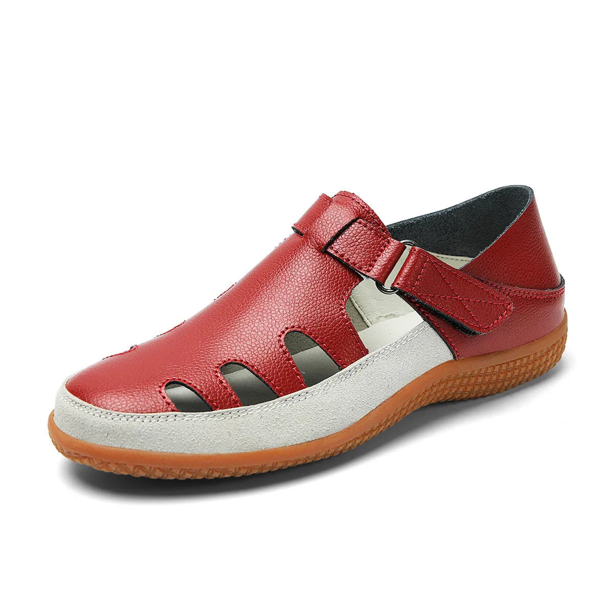 Plus size women's flat sandals with toe cap, hollow design, and thick rubber sole in blue.