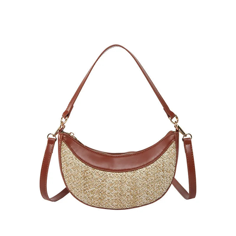 Women's straw crossbody dumpling bag in dumpling shape with contrast stitching details