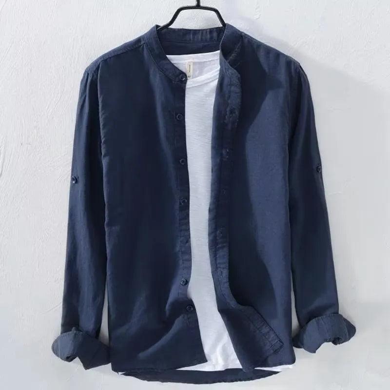 Loose fit long sleeve casual shirt in cotton linen fabric, shown in a solid colour.