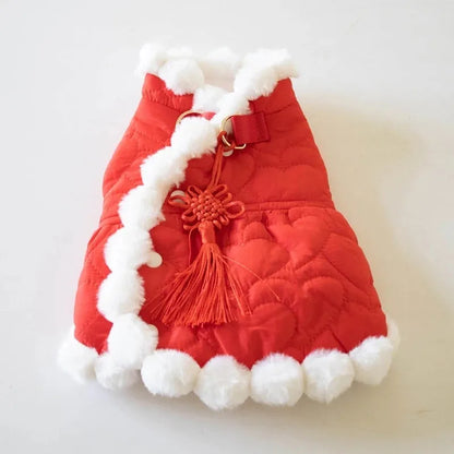 Red Chinese-style pet clothing with thick fur collar and traditional knot fastening for autumn and winter wear