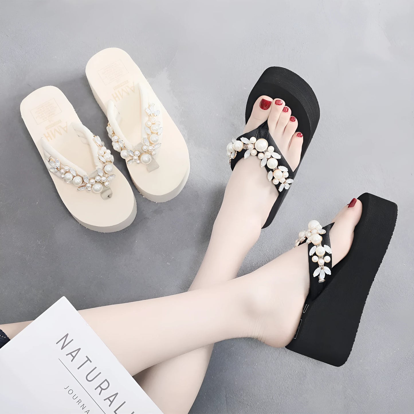 Women's high-heeled flip-flops with cotton cloth upper in beige and black colour options