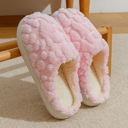 Unisex cartoon plush slippers with memory foam heels and anti-skid EVA soles in pink, green, beige, gray and brown