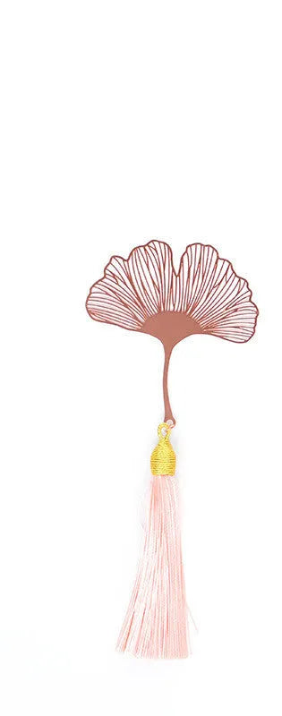 Brass metal bookmark with hollow plating leaf design and rose gold tassel decoration