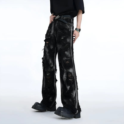 Men's heavyweight washed graffiti jacket and trousers in cotton denim with American street style