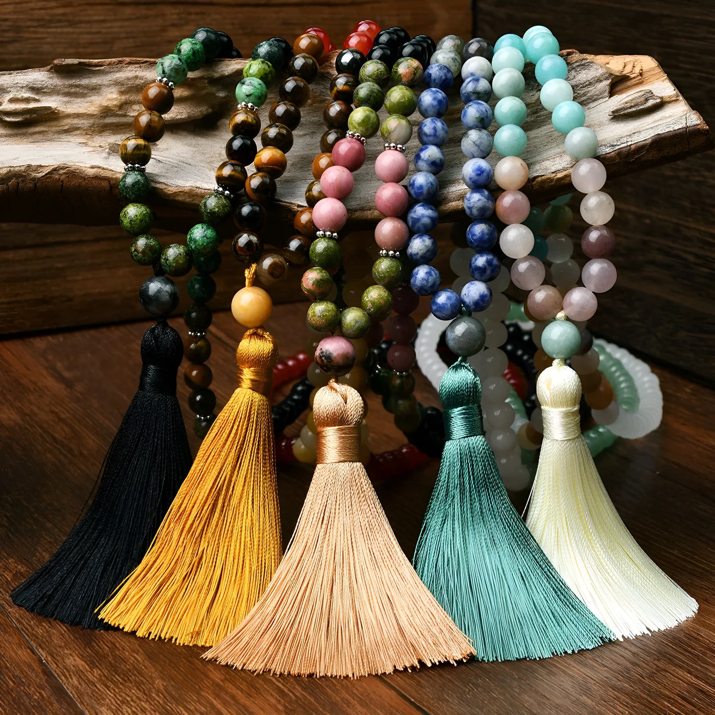 Handmade long necklace with geometric gemstone pendant and tassel on a ball bead chain