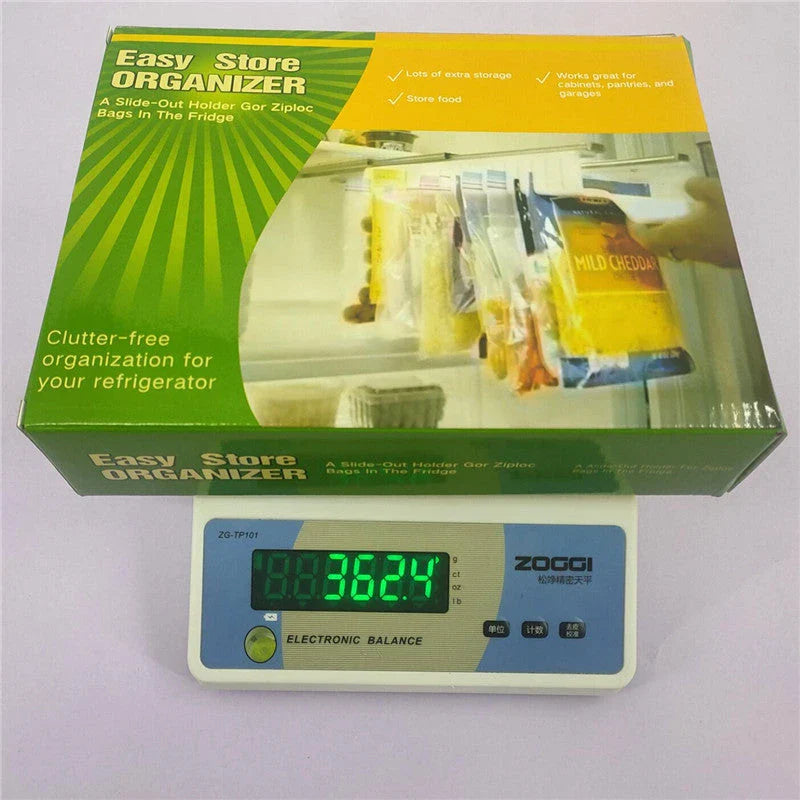 Versatile refrigerator organizer with adjustable telescopic design to neatly store and organize ziplock bags, freeing up space in the fridge