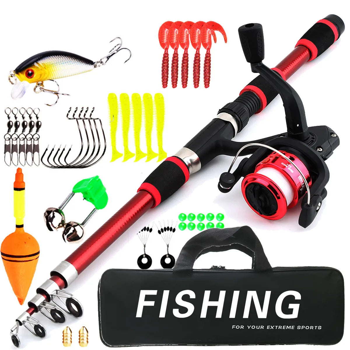 Children's fishing rod suit with pole and wheel reel in blue, green, red or yellow colours with bait accessories