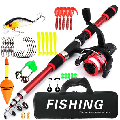 Children's fishing rod suit with pole and wheel reel in blue, green, red or yellow colours with bait accessories