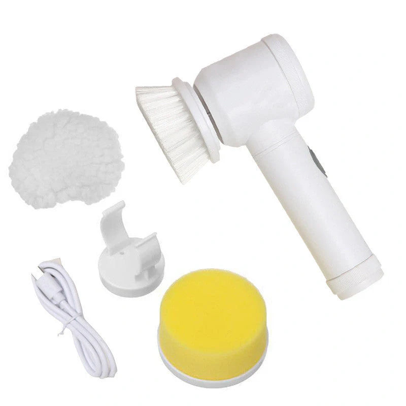 5-in-1 Electric Cleaning Brush with three interchangeable heads for versatile cleaning tasks