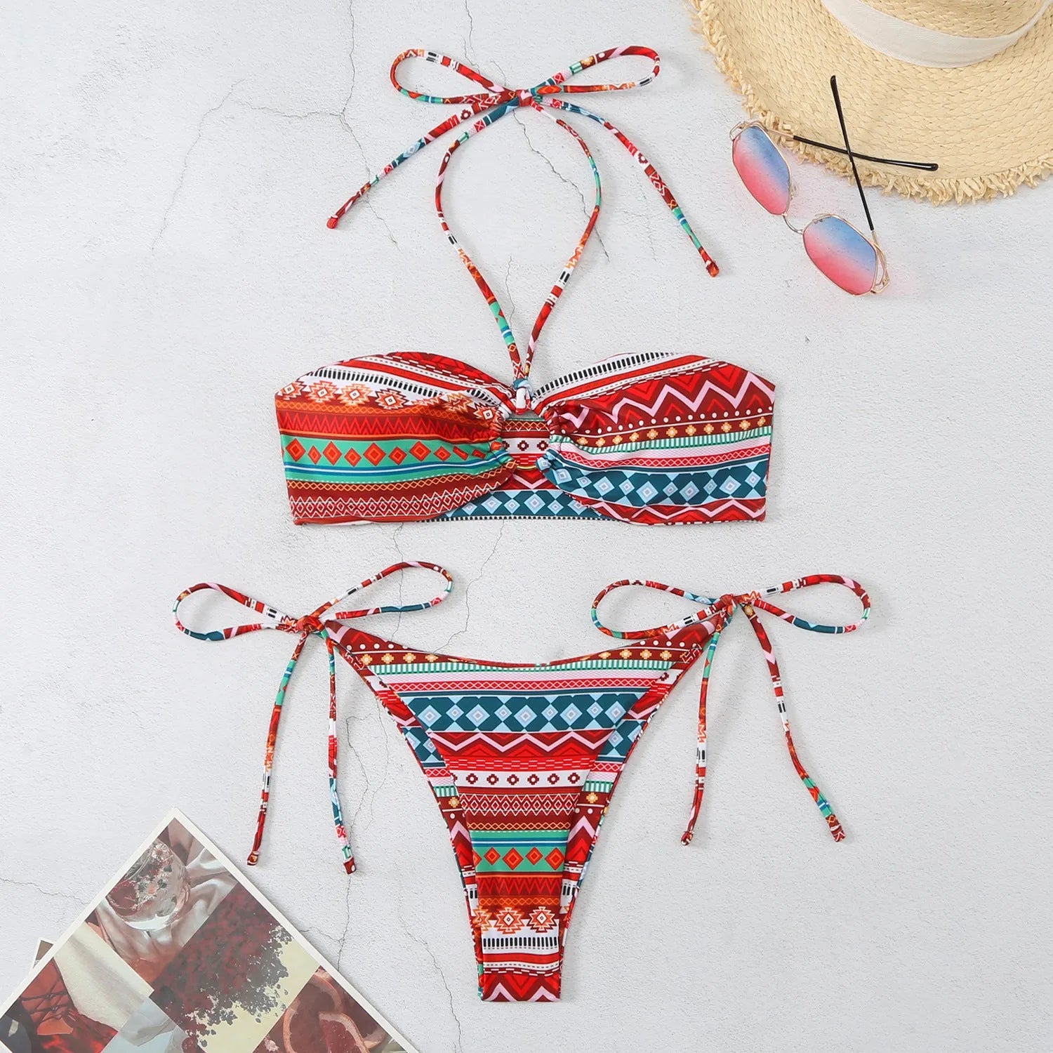 Halter women's split bikini swimsuit in polyester fabric showing colour options and halter neckline design