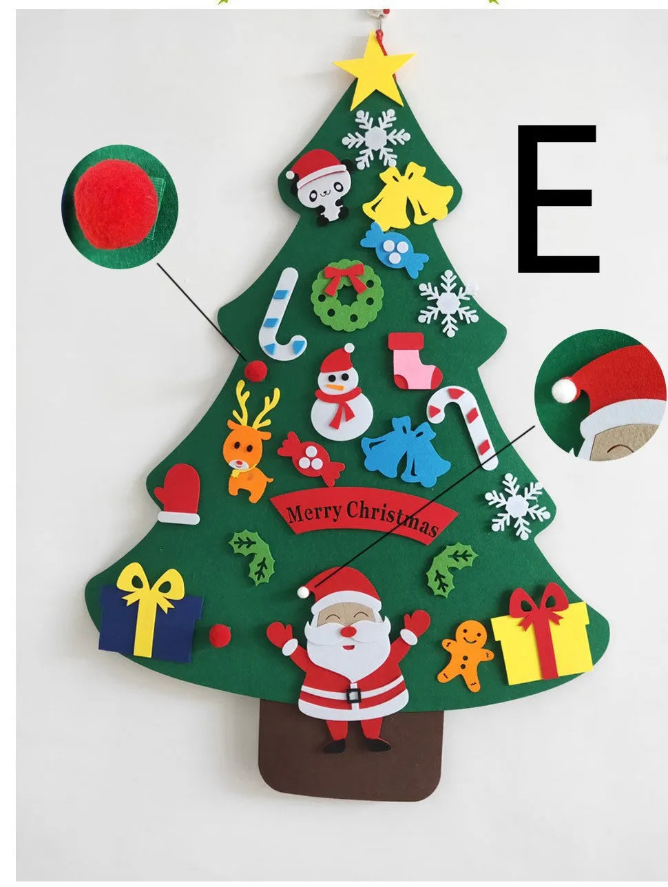 3D layered DIY felt Christmas tree with 32 decorations including Santa, reindeer, snowman, and stockings