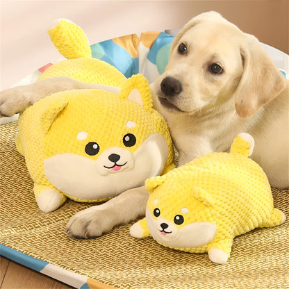 Bite-resistant plush dog toy in pillow shape with squeaker for calming and teething support
