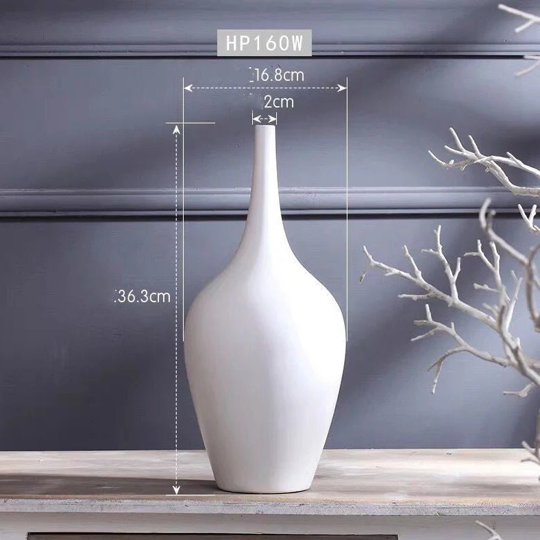 White ceramic tall vase with matte glaze finish for desktop flower arrangements