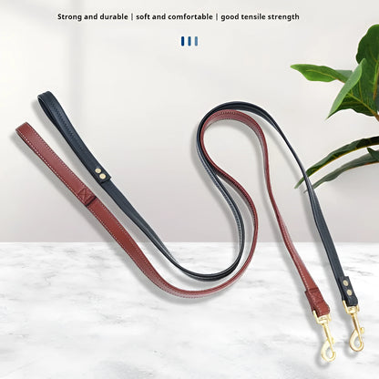 Black PU leather dog lead with brass buckle and padded handle, laid out to show length.
