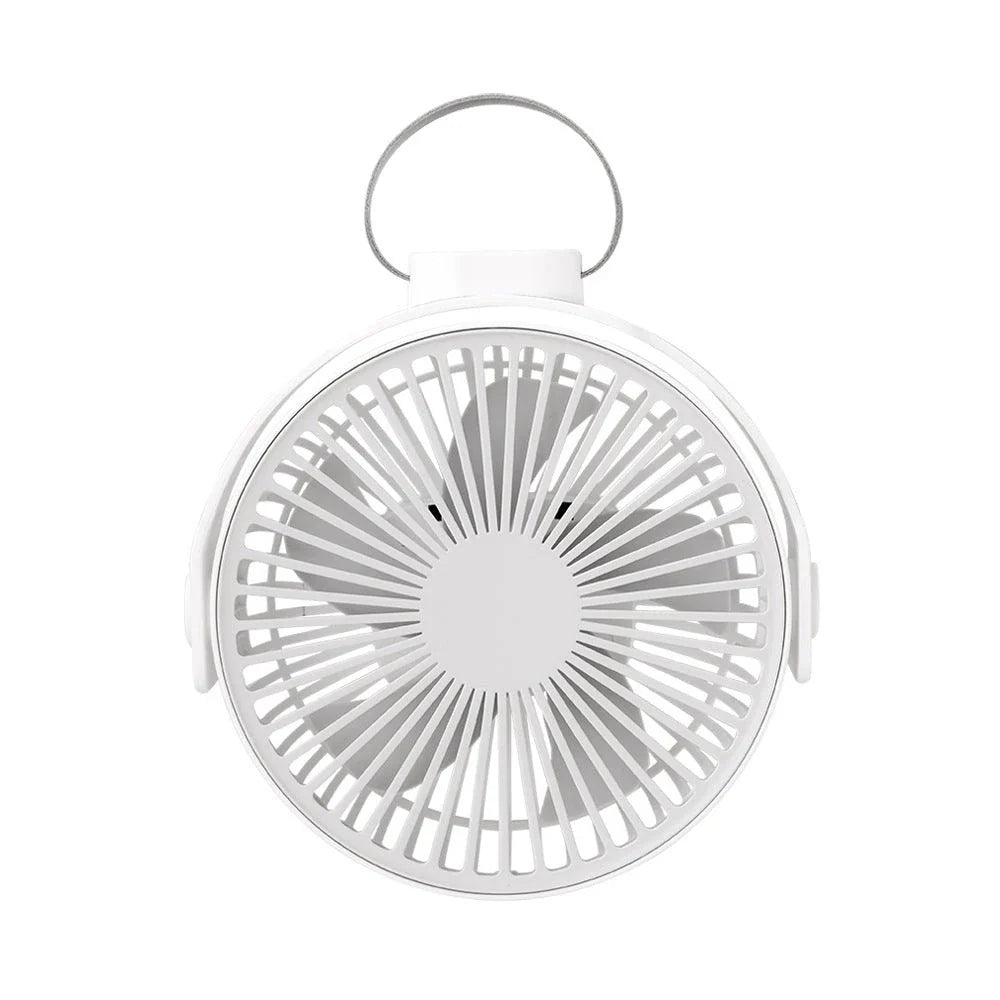Portable USB desk fan with 360-degree rotation, multiple wind speeds, and long-lasting battery life