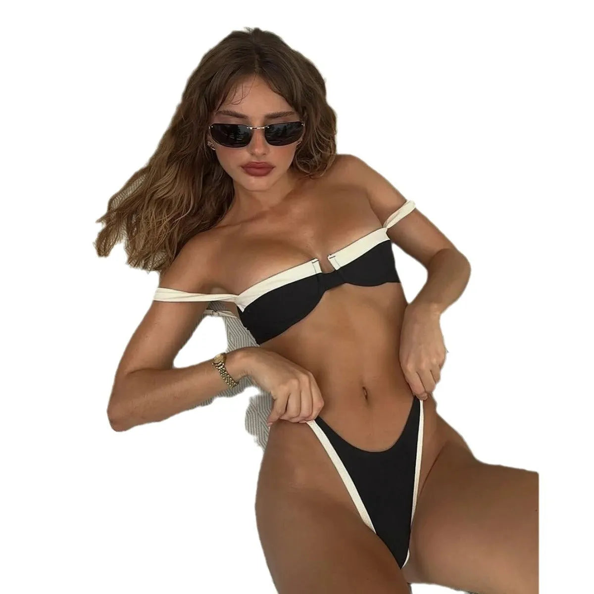 Black women's bikini briefs with a sexy pattern, made from nylon fabric.