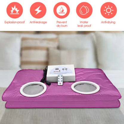 650W electric sauna blanket in grey, pink, or purple, with remote control, sleeves, and power cord.