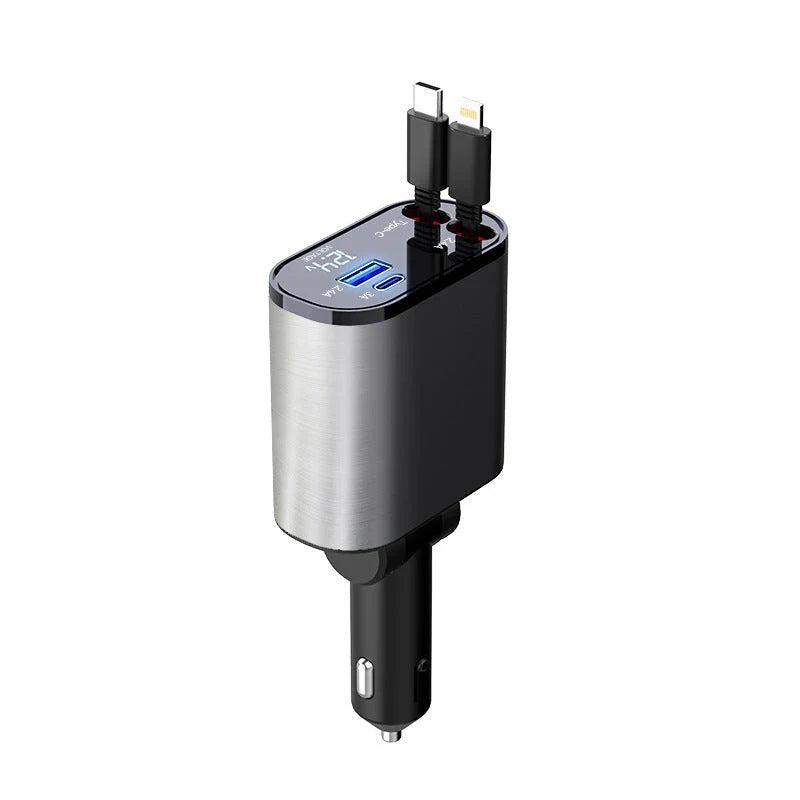 High-Speed 100W Car Charger with USB and Type-C Ports - Premium Metal Design, Fast Charging, Retractable Cable