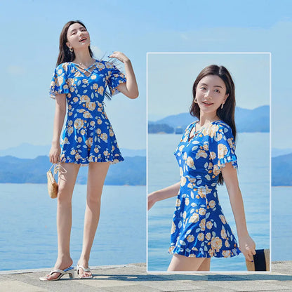 Women's blue floral print high waist one-piece swimsuit for swimming