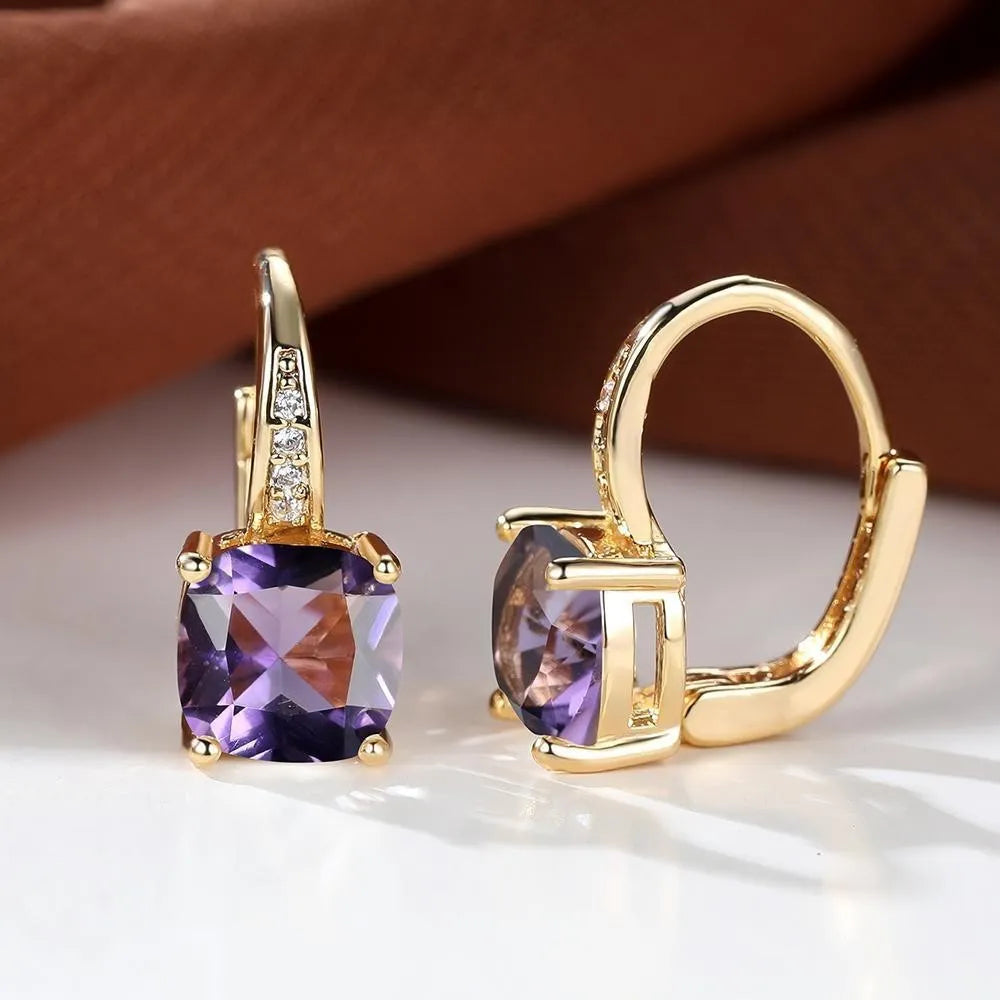 Square zircon inlaid geometric ear hooks in Korean style with electroplated finish