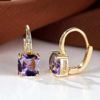 Square zircon inlaid geometric ear hooks in Korean style with electroplated finish