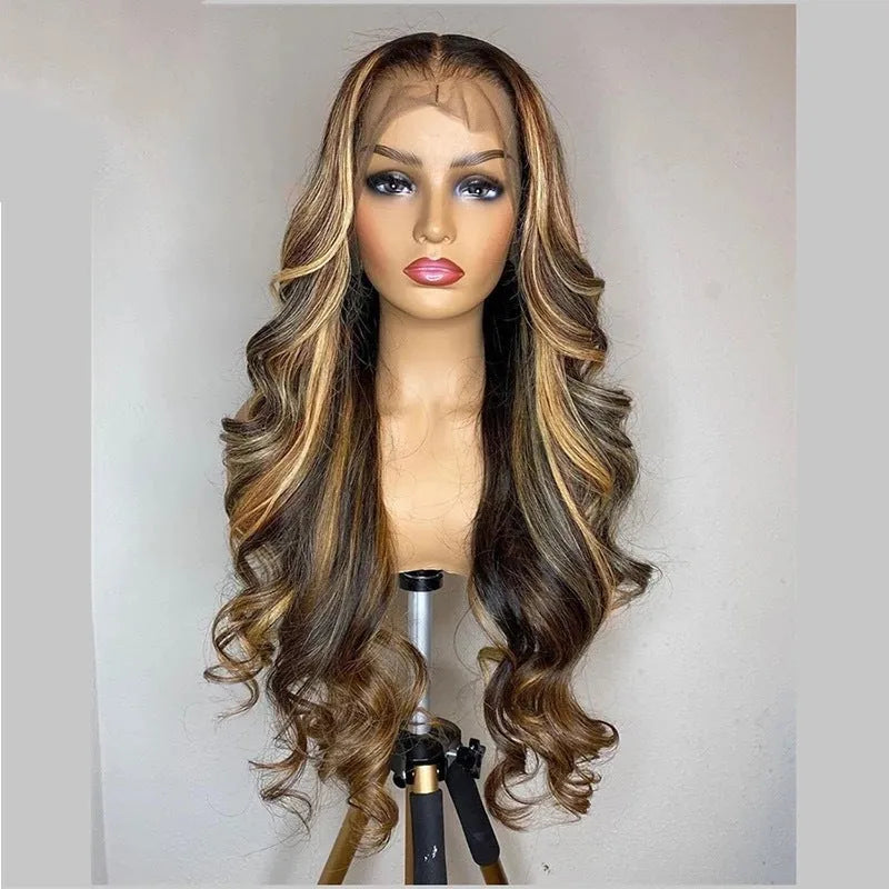 Front lace synthetic wig with gradient colour and long curly style with side bangs