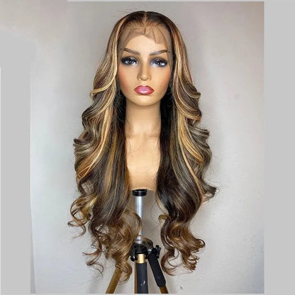 Front lace synthetic wig with gradient colour and long curly style with side bangs