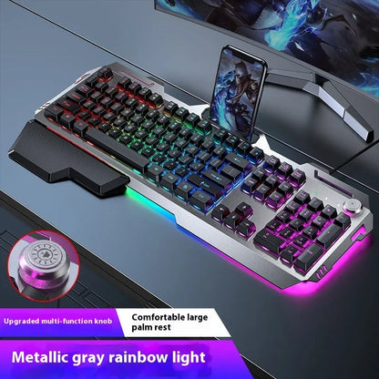 Aluminium alloy mechanical gaming keyboard with rainbow lighting, shown with a macro mouse and gaming headset.