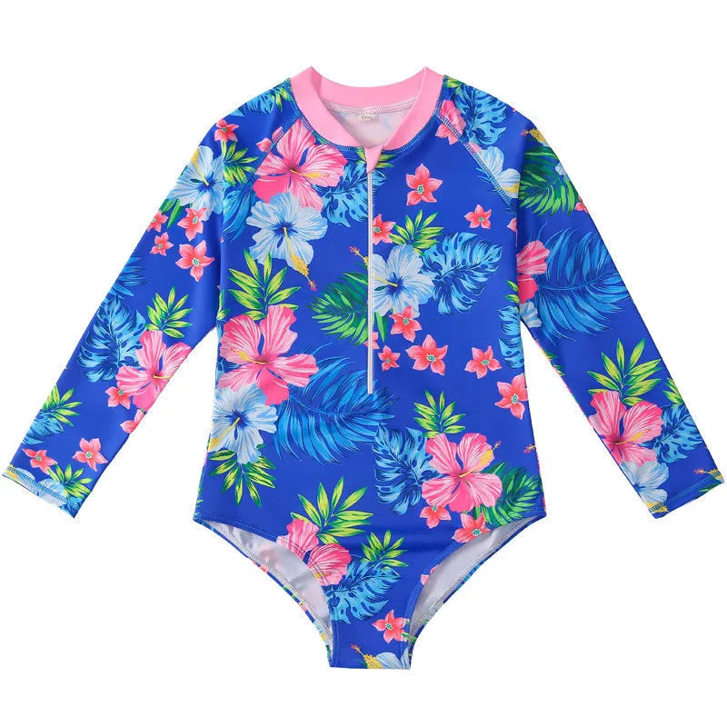 Girl's long-sleeve one-piece swimsuit in briefs style for swimming and wading