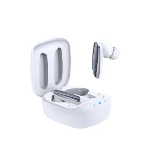 Black and white TWS Bluetooth 5.1 headphones with charging case showing wireless in-ear design