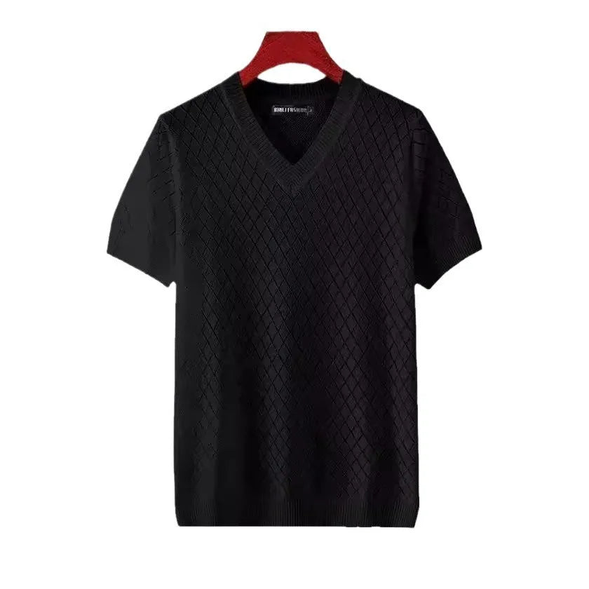 Men's ice silk t-shirt in black or white with V-neck or round neck options
