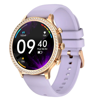 Women's smartwatch with Bluetooth calling on a silicone strap, showing gold and silver colour variants.