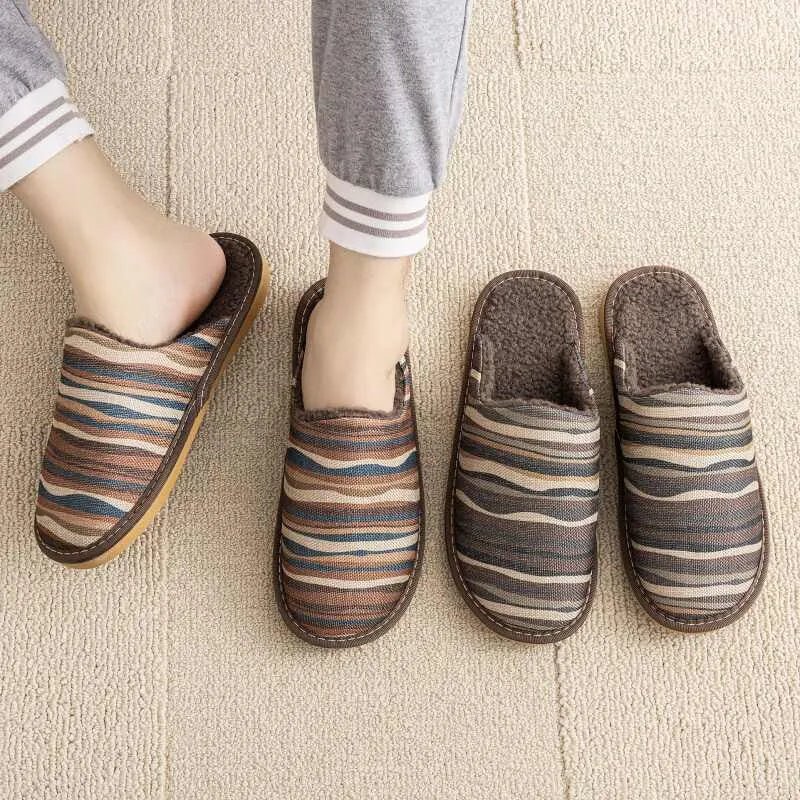 Warm winter linen-surface cotton household slippers in red flower colour with PVC sole.