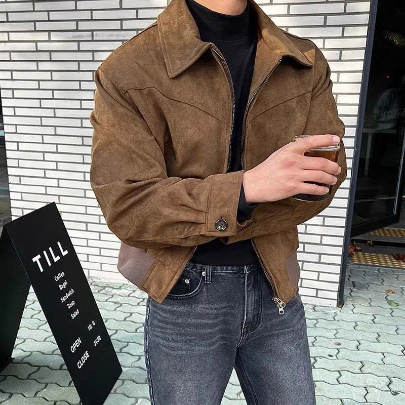 Loose lapel short suede jacket in brown or black, Hong Kong style, unhooded, sizes M to 2XL