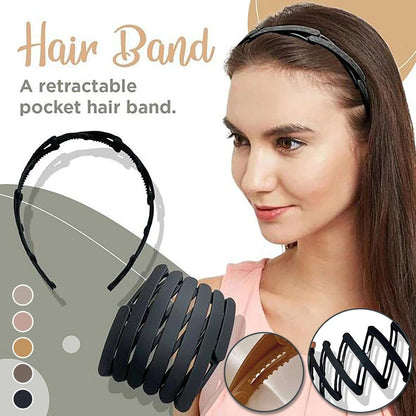 Compact retractable hair band with non-slip teeth grip, available in various colors for versatile styling