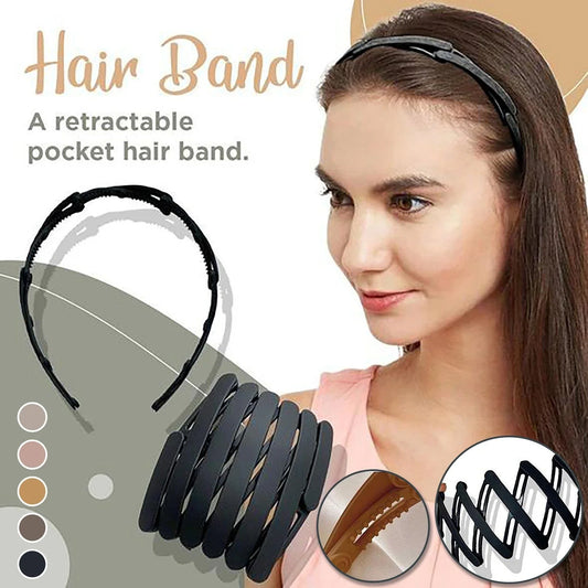Compact retractable hair band with non-slip teeth grip, available in various colors for versatile styling