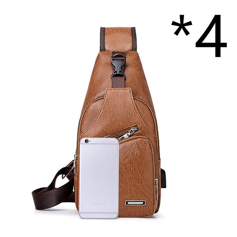 Stylish Men's USB Charging Chest Bag in Black, Coffee, and Light Brown colours