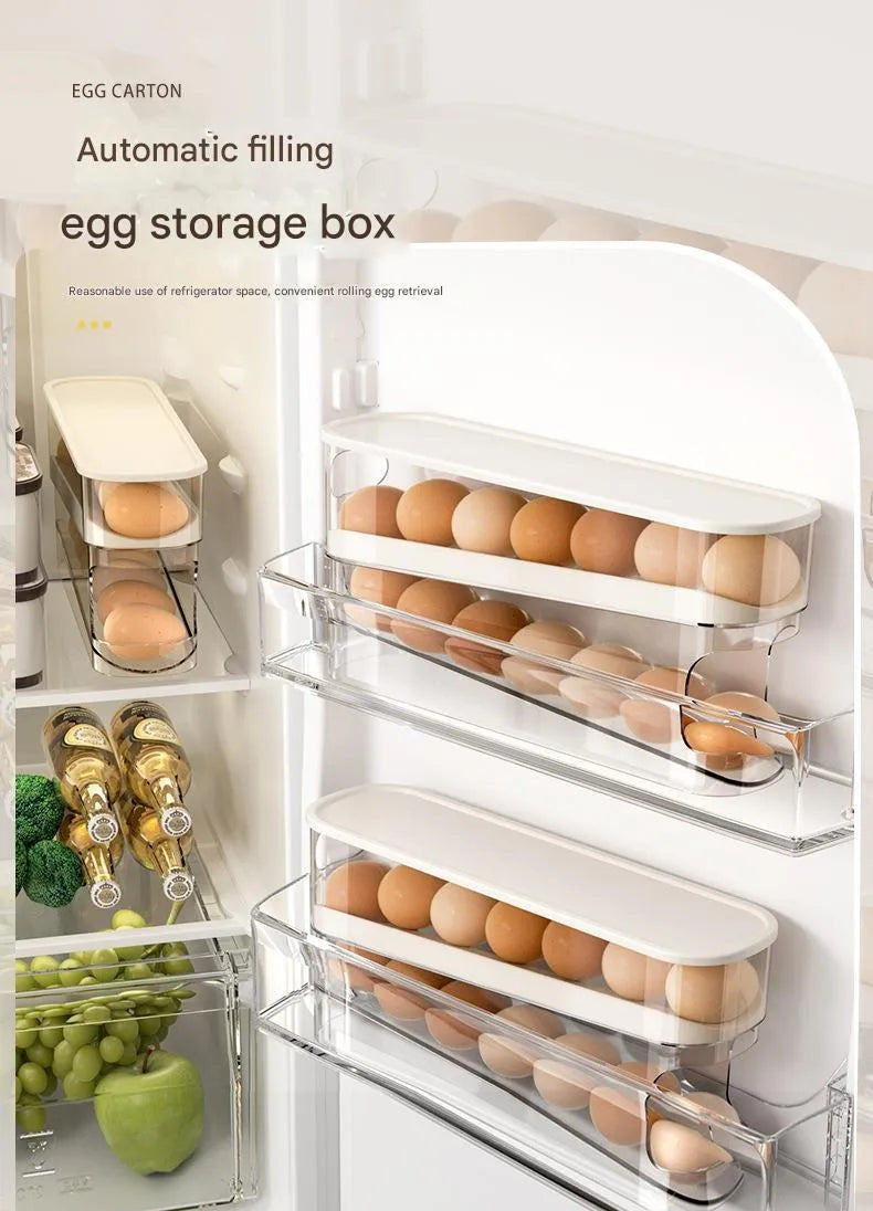 White plastic refrigerator slide-out egg dispenser tray mounted on refrigerator door
